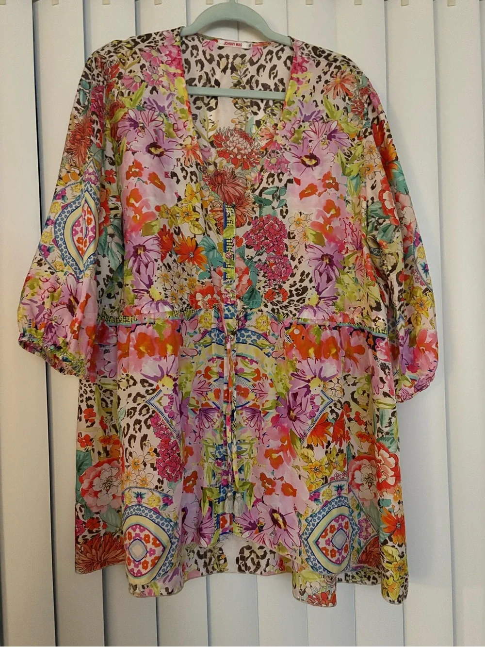 Johnny Was leopard Multi Floral Tie-Front tunic